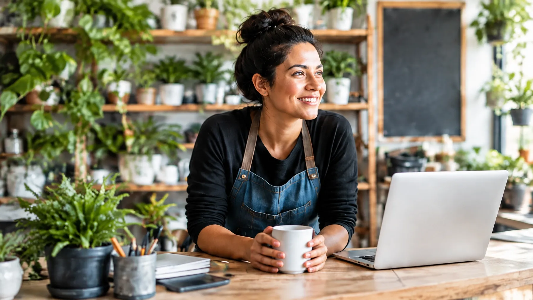 A small business owner taking a moment at her shop counter